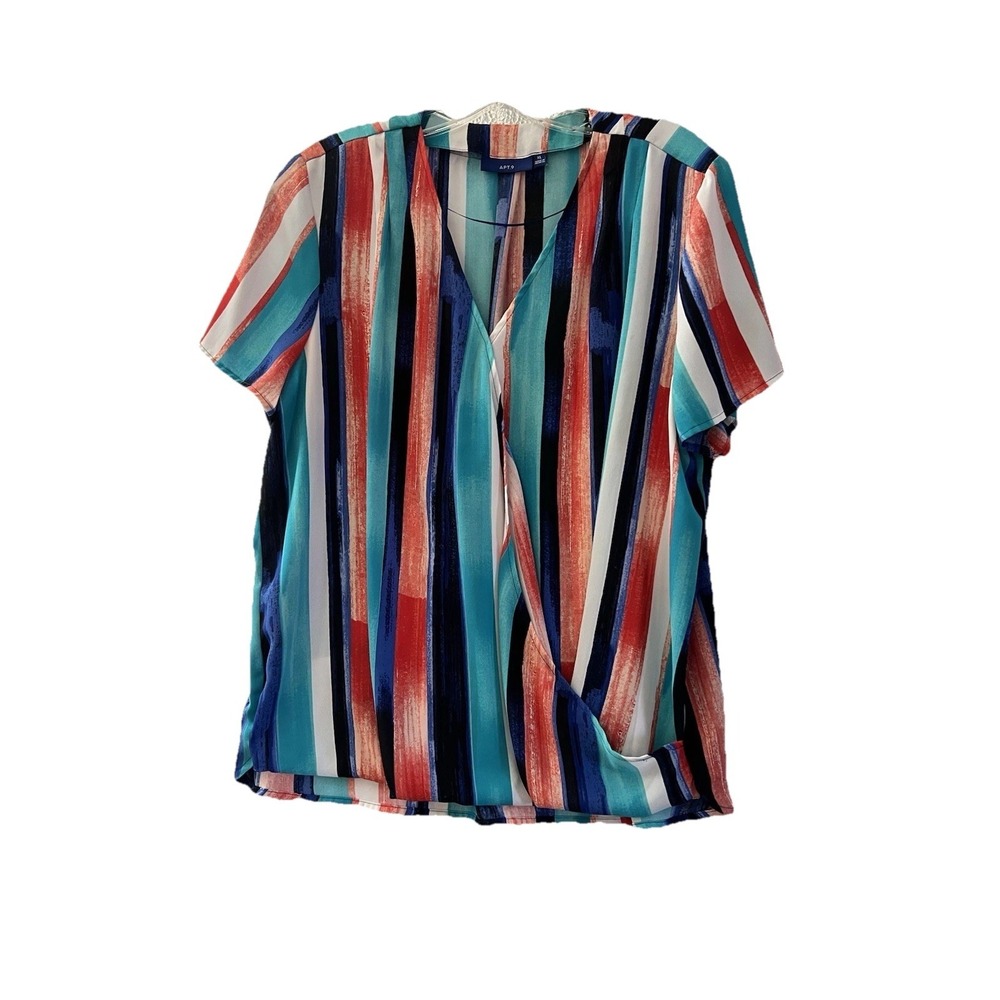 Apt 9 Blouse Womens SIZE XL Blue Striped Short Sleeves V-Neck Lightweight Top